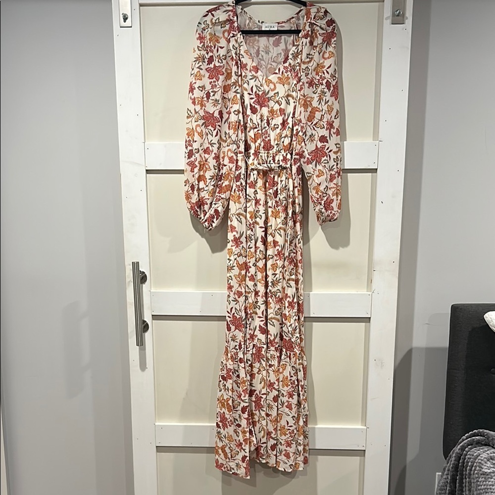 Aura Cream and Red Long Sleeve Sundress for Wedding Guests